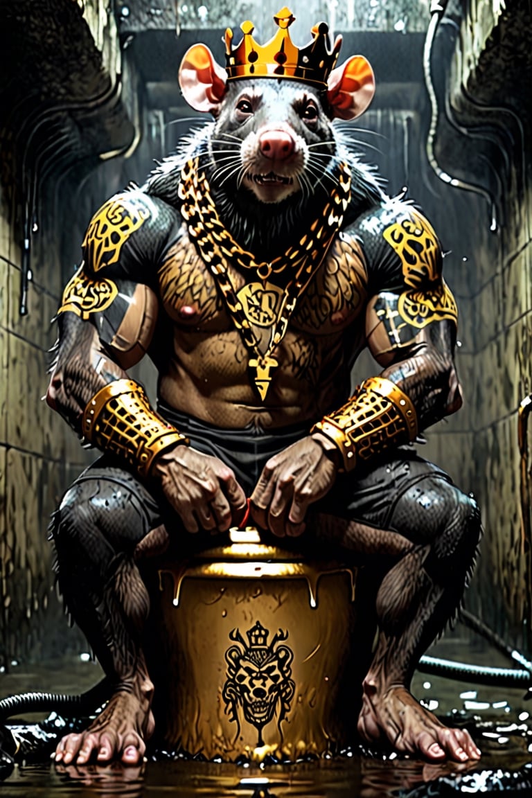 digital art 8k,  a ripped,  muscluar,  humanoid rat sitting on a gold toilet in a dark damp sewer,  wearing a crown, the rat king is holding a large sledge hammer over its shoulder. The rat king should have scars, wounds from battle, war tattoos, gold chains around his neck. The rat king should have "kingrat_" text logo tattooed on his arm. "2024" text logo should be tattooed on his other arm.

The rat king should look aggressive and defiant.,band_bodysuit,Movie Still,Text,newhorrorfantasy_style,Ukiyo-e,monster