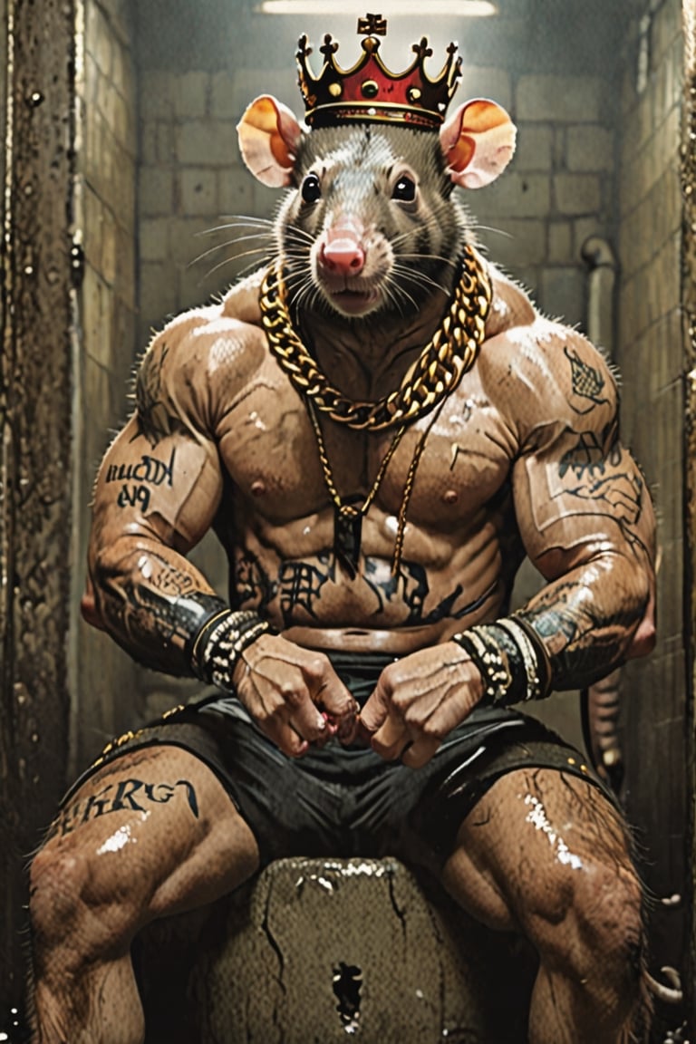 digital art 8k,  a ripped,  muscluar,  humanoid rat sitting on a toilet in a dark damp sewer,  wearing a crown, the rat king is weilding a large sledge hammer over its shoulder. The rat king should have scars, wounds from battle, war tattoos, gold chains around his neck. The rat king should have "kingrat_" text logo tattooed on his arm. "2024" text logo should be tattooed on his other arm.

The rat king should look aggressive and defiant.,band_bodysuit,Movie Still,Text,newhorrorfantasy_style,Ukiyo-e