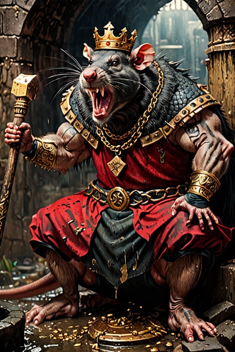 digital art 8k,  a ripped,  muscluar,  full body shot,  rabid rat sitting on a golden toilet in a dark damp sewer,  wearing a crown,  the rat king is holding a large sledge hammer over its shoulder. The rat king should have scars,  wounds from battle,  war tattoos,  gold chains around his neck. The rat king should have ((text "kingrat_" text)) tattooed on his arm.((text "2024" text)) text logo should be tattooed on his other arm. The rat king should have rat feet. , long sharp talons, matted fur, 1 long thin tail, evil looking, long nose, drooling blood, mouth streched wide open, screaming, high quality

The rat king should look aggressive and defiantly at the viewer.