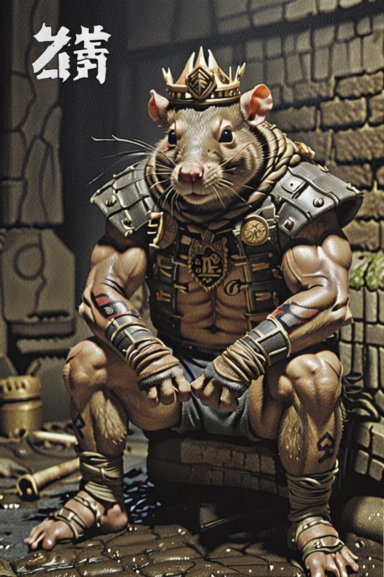 digital art 8k,  a ripped,  muscluar,  humanoid rat sitting on a toilet in a dark damp sewer,  wearing a crown, the rat king is weilding a large sledge hammer over its shoulder. The rat king should have scars, wounds from battle, war tattoos, gold chains around his neck. The rat king should have "kingrat_" text logo tattooed on his arm. "2024" text logo should be tattooed on his other arm.

The rat king should look aggressive and defiant.,band_bodysuit,Movie Still,Text,newhorrorfantasy_style,Ukiyo-e