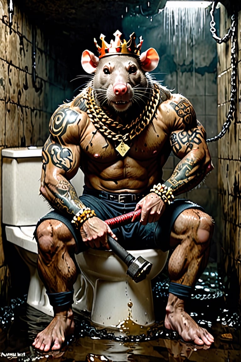 digital art 8k,  a ripped,  muscluar,  humanoid rat sitting on a toilet in a dark damp sewer,  wearing a crown, the rat king is weilding a large sledge hammer over its shoulder. The rat king should have scars, wounds from battle, war tattoos, gold chains around his neck. The rat king should have "kingrat_" text logo tattooed on his arm. "2024" text logo should be tattooed on his other arm.

The rat king should look aggressive and defiant.,band_bodysuit,Movie Still,Text,newhorrorfantasy_style,Ukiyo-e,monster