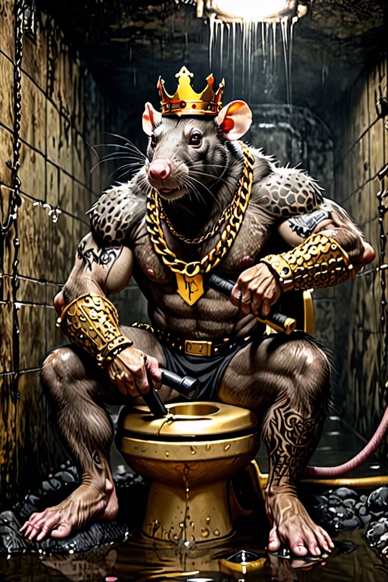 digital art 8k,  a ripped,  muscluar,  humanoid rat sitting on a gold toilet in a dark damp sewer,  wearing a crown, the rat king is holding a large sledge hammer over its shoulder. The rat king should have scars, wounds from battle, war tattoos, gold chains around his neck. The rat king should have "kingrat_" text logo tattooed on his arm. "2024" text logo should be tattooed on his other arm.

The rat king should look aggressive and defiant.,band_bodysuit,Movie Still,Text,newhorrorfantasy_style,Ukiyo-e,monster