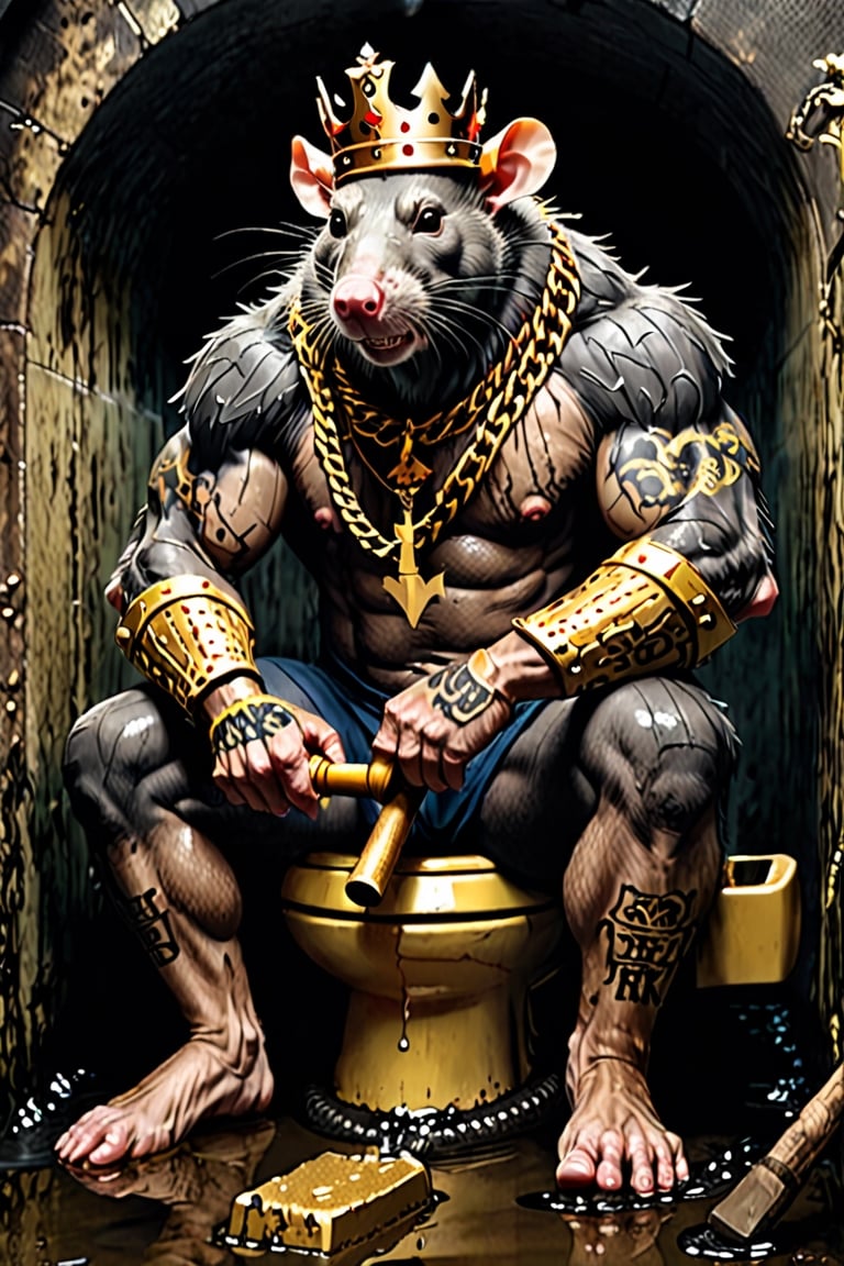 digital art 8k,  a ripped,  muscluar,  humanoid rat sitting on a gold toilet in a dark damp sewer,  wearing a crown, the rat king is holding a large sledge hammer over its shoulder. The rat king should have scars, wounds from battle, war tattoos, gold chains around his neck. The rat king should have "kingrat_" text logo tattooed on his arm. "2024" text logo should be tattooed on his other arm.

The rat king should look aggressive and defiant.,band_bodysuit,Movie Still,Text,newhorrorfantasy_style,Ukiyo-e,monster