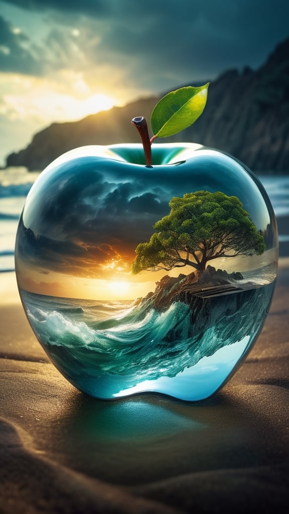 lovely double exposure image by blending together a stormy sea and a glass apple. The sea should serve as the underlying backdrop, with its details subtly incorporated into the glossy glass apple, sharp focus, double exposure, glossy glass apple, (translucent glass figure of an apple) (sea inside) lifeless, dead, glass apple, earthy colors, decadence, intricate design, hyper realistic, high definition, extremely detailed, dark softbox image, raytracing, cinematic, HDR, photorealistic (double exposure:1.1)