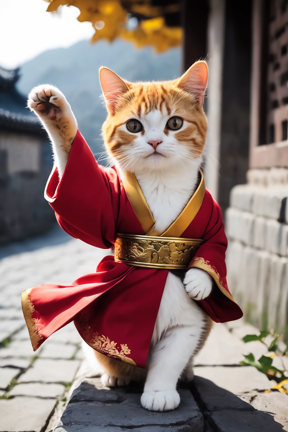 blurry great wall background, a kitty, wearing a hanfu, golden belt, long red scarf, scarf floating by breeze, standing, playing kongfu