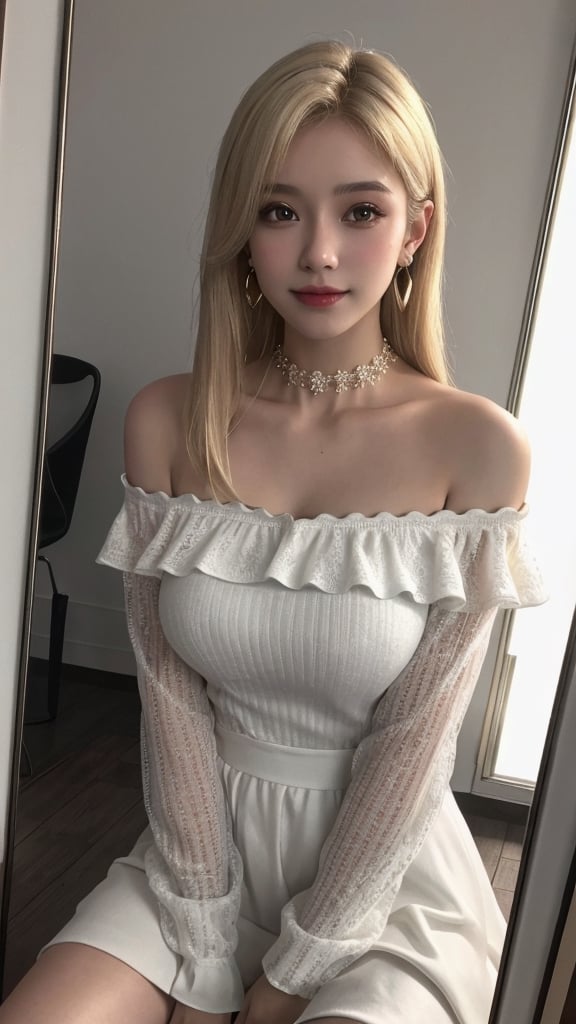 1European girl 25 years old, solo, on knees, selfie in front of a mirror, reflection from the mirror, light-blonde hair, smile, messy medium hair, hair over one eye, breast, earrings, chocker, black eyes, healthy skin, high detailed skin, skin pores, off shoulder, boat neck dress, (UHD, photorealistic:1.4, raw photo:1.2, hdr), best quality, masterpiece, crystal clear, sharp focus, studio lighting, photon mapping, professional color grading