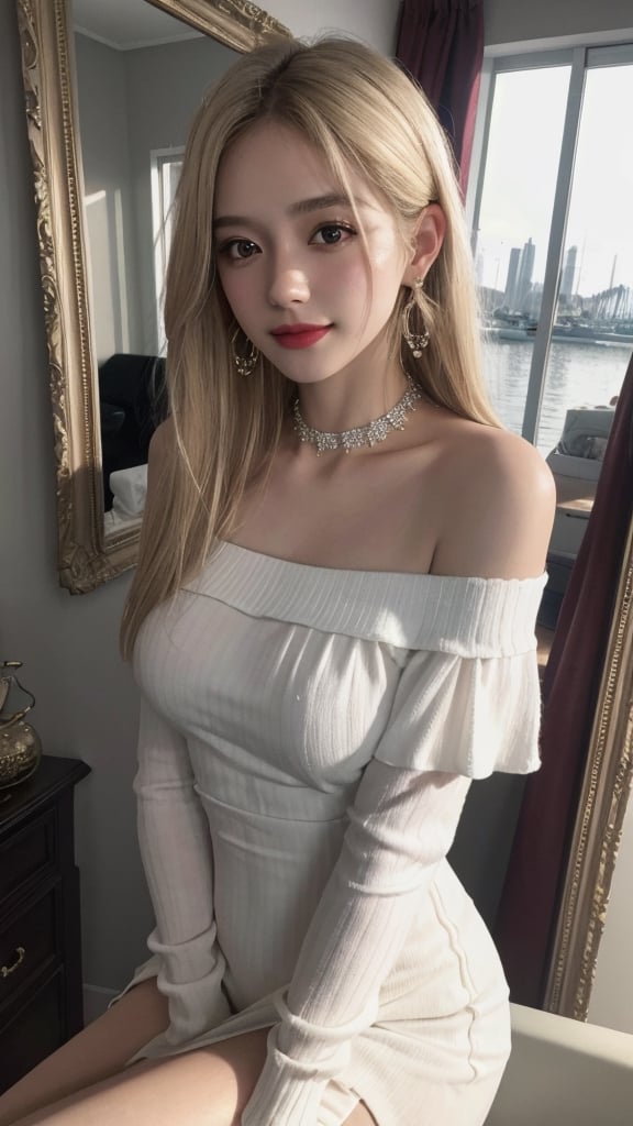 1European girl 25 years old, solo, on knees, selfie in front of a mirror, reflection from the mirror, light-blonde hair, smile, messy medium hair, hair over one eye, breast, earrings, chocker, black eyes, healthy skin, high detailed skin, skin pores, off shoulder, boat neck dress, flat belly, (UHD, photorealistic:1.4, raw photo:1.2, hdr), best quality, masterpiece, crystal clear, sharp focus, studio lighting, photon mapping, professional color grading