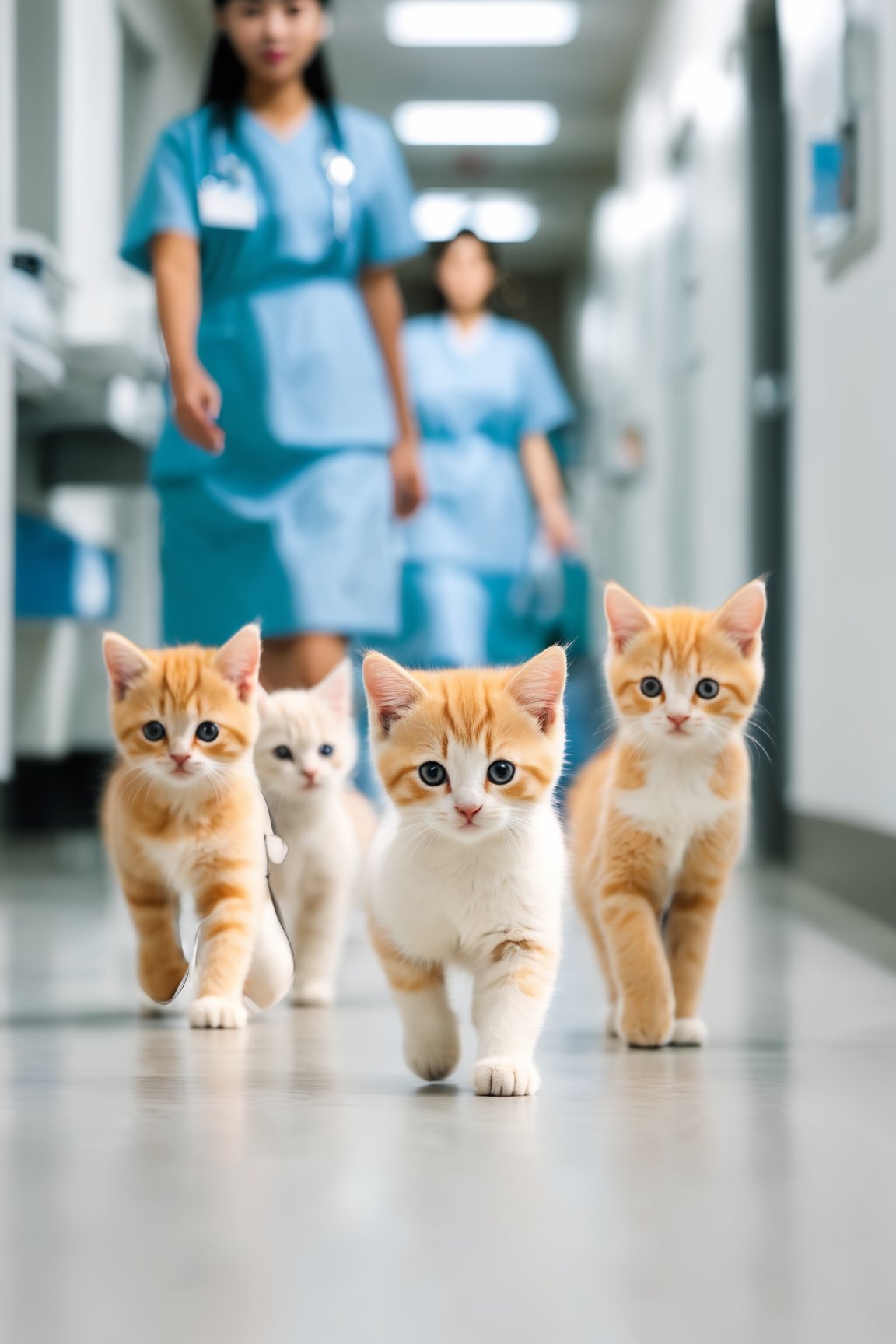 blurry hospital background, kittens in line, wearing nurse uniform, walking like human, clinic operation