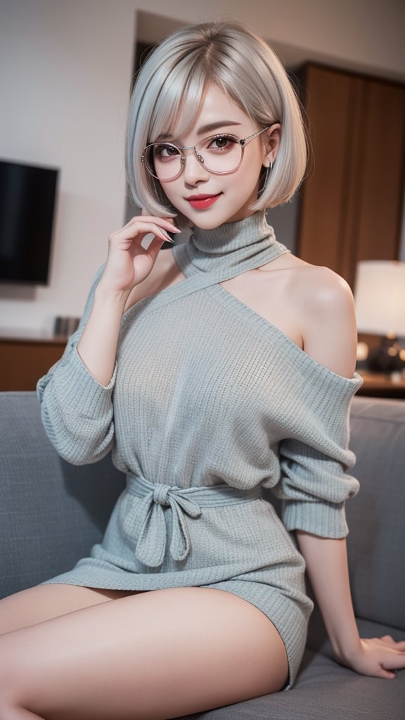 photorealistic, masterpiece, best quality, raw photo, 1girl, short hair, cute smile, silver hair, warm, high-definition, (ultra-detailed: 1.2), pastel colors,sexy girl, boobs, 4k, highres, off shoulder, high neck dress, mini_skirt, narrow waist, flat belly, sexy thighs, background living room, seducing, seductive, seductive_pose, exotic pose, bob_cut, wearing glasses