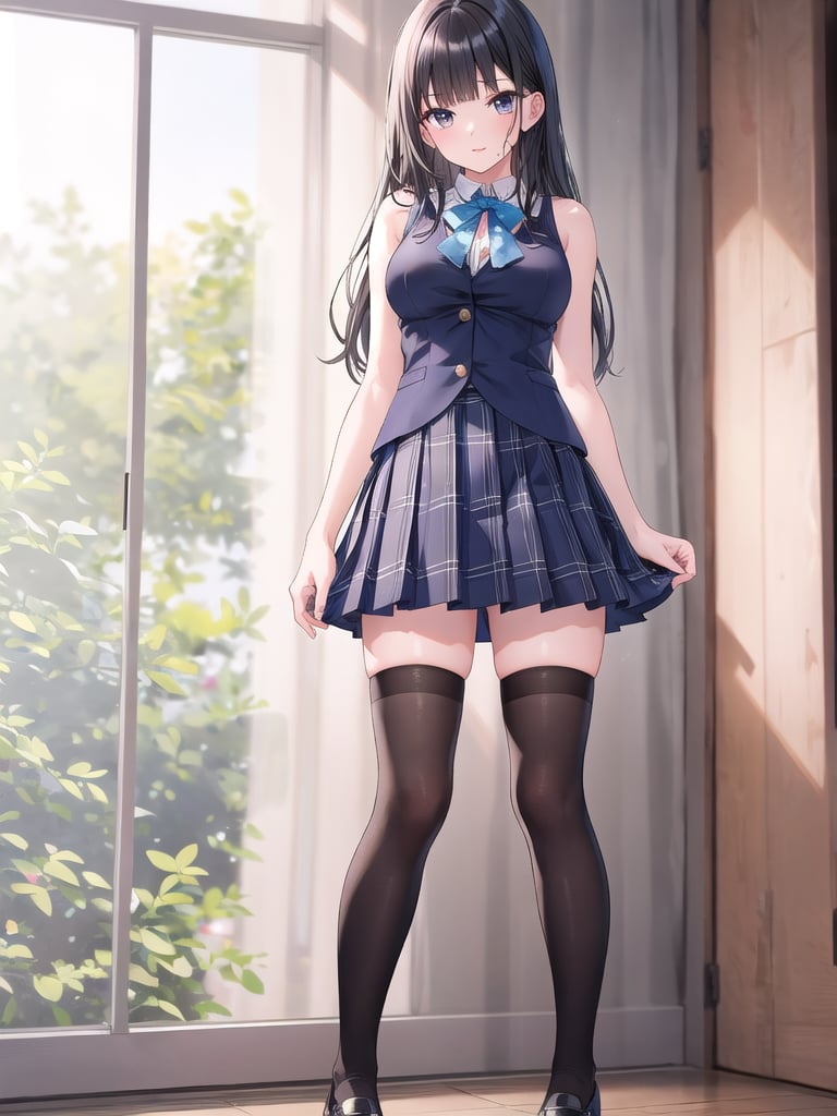 1girl, solo, long hair, bangs, skirt, shirt, black hair, thighhighs, standing, full body, pleated skirt, sleeveless, black thighhighs, indoors, blunt bangs, blue skirt, plaid, sleeveless shirt, plaid skirt, realistic, over-kneehighs,seductive,busty,check the prompts for more,wearing edgSDress,ARISTYLE4