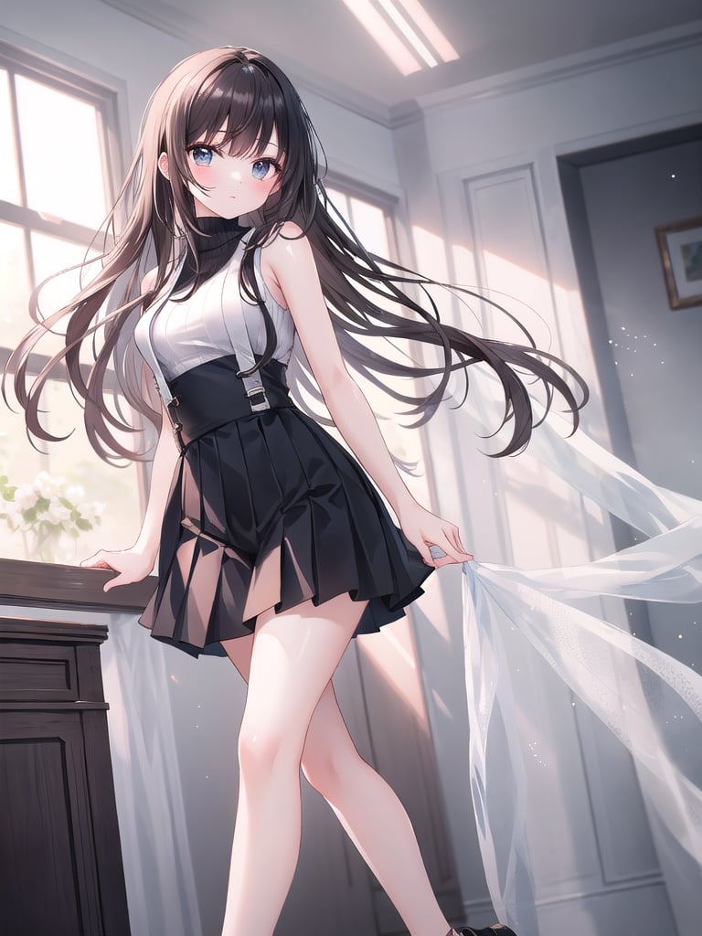 A young woman with long, dark hair and bangs stands confidently, her slender figure showcased in a flowy, pleated black skirt that falls just above her ankles. A sleeveless sweater and turtleneck combo adds a touch of elegance to the overall aesthetic. The subject's gaze is direct, exuding a sense of poise and sophistication. Framed by a soft, natural light, this striking scene captures her youthful energy and style.