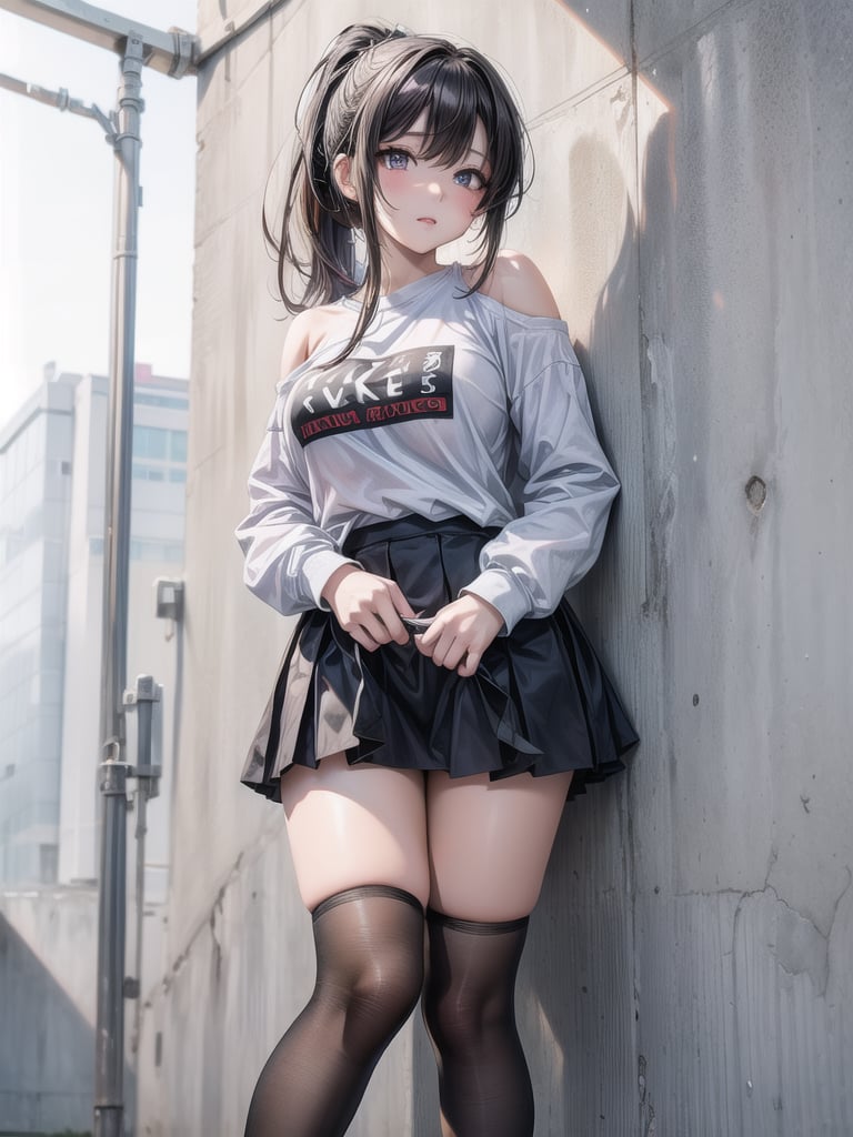 a young Asian woman stands against a stark white wall, her hair cascades over her shoulders. She is wearing a black and white striped long-sleeved t-shirt, a short black skirt, and black knee-high socks with black laces on them. Her eyes are open, her lips are slightly pursed. Her hair is pulled back in a ponytail, adding a pop of color to the scene.