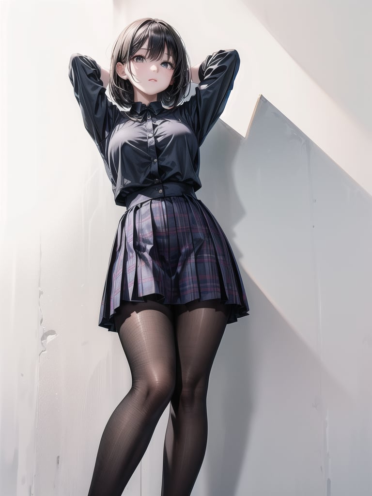 a young Asian woman stands in front of a white wall. She is dressed in a black blouse, a blue plaid skirt, and a pair of black tights. Her hair is styled in a bob. Her arms are raised above her head, adding a touch of balance to her body. The backdrop is a stark white, creating a stark contrast to her outfit.