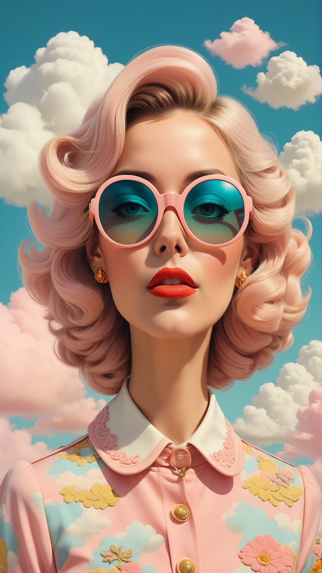 Wes Anderson pop surreal portrait of woman , retro sunglasses, storybook like narrative elements, elaborately detailed  cloud  background, elegantly dressed in a quirky  retro fashion, whimsical and quirky elements, pastel colors with the occasional pop of bright color