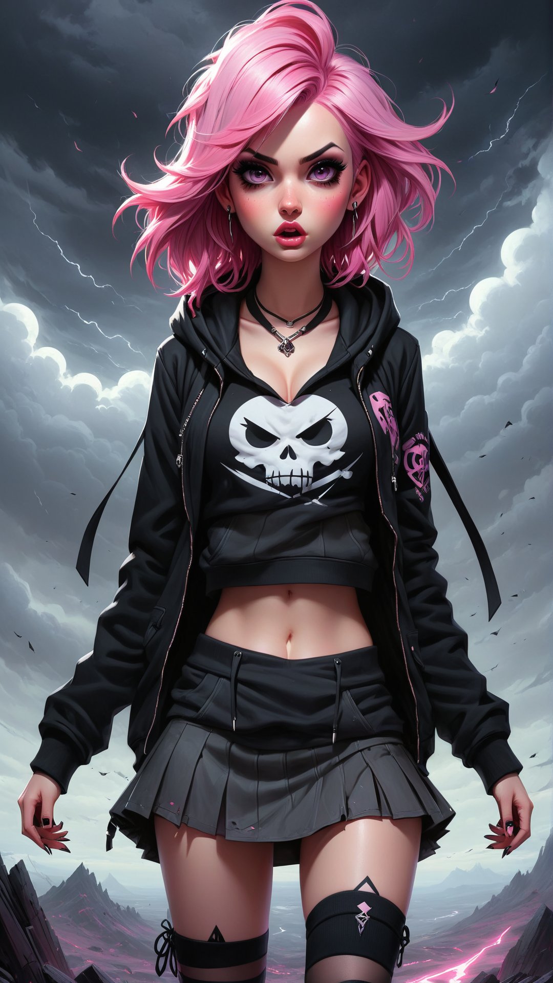 goth punk Girl rocking out, pink hair, pink eyes, heavy eyeliner, hoodie, jacket, miniskirt, thigh highs. on black canvas in the style of guillem h. pongiluppi,  abigail larson, ominous landscapes, john sloane, light gray and pink, energy-filled illustrations 