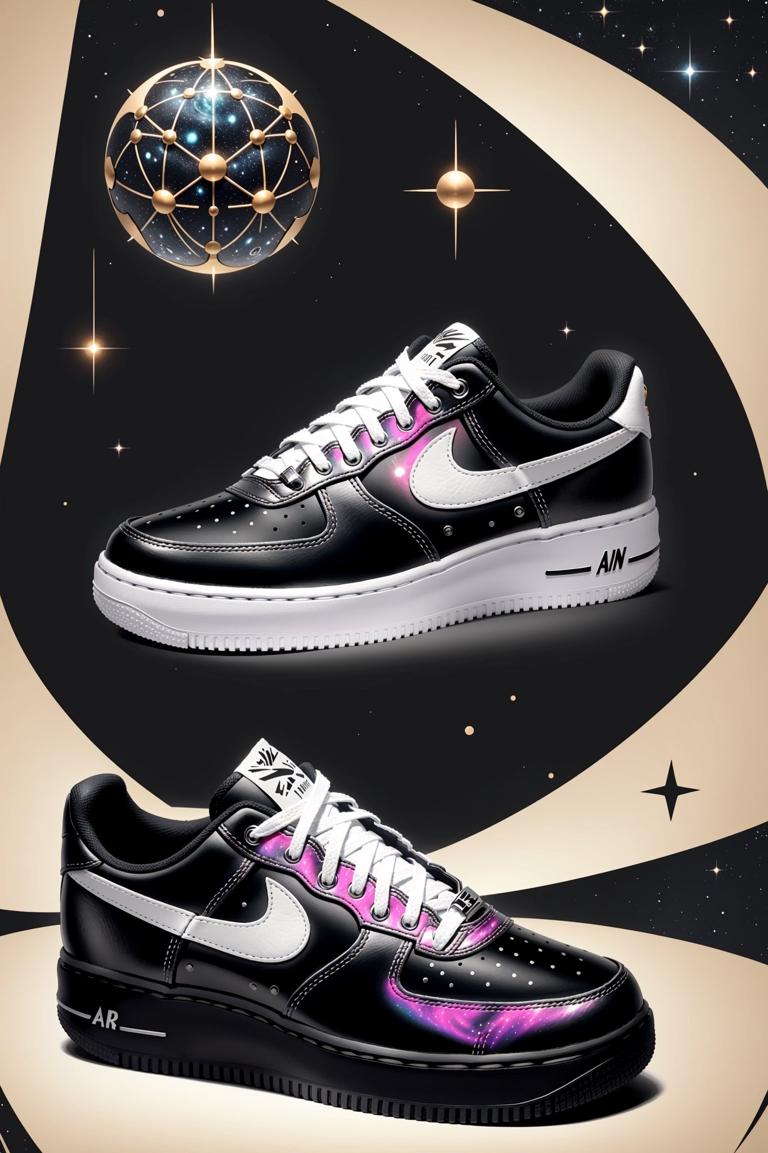 Create a striking custom shoe design concept inspired by the theme of 'Interstellar Odyssey.' Incorporate cosmic elements, celestial motifs, and futuristic aesthetics into the shoe's design, Air Force 1