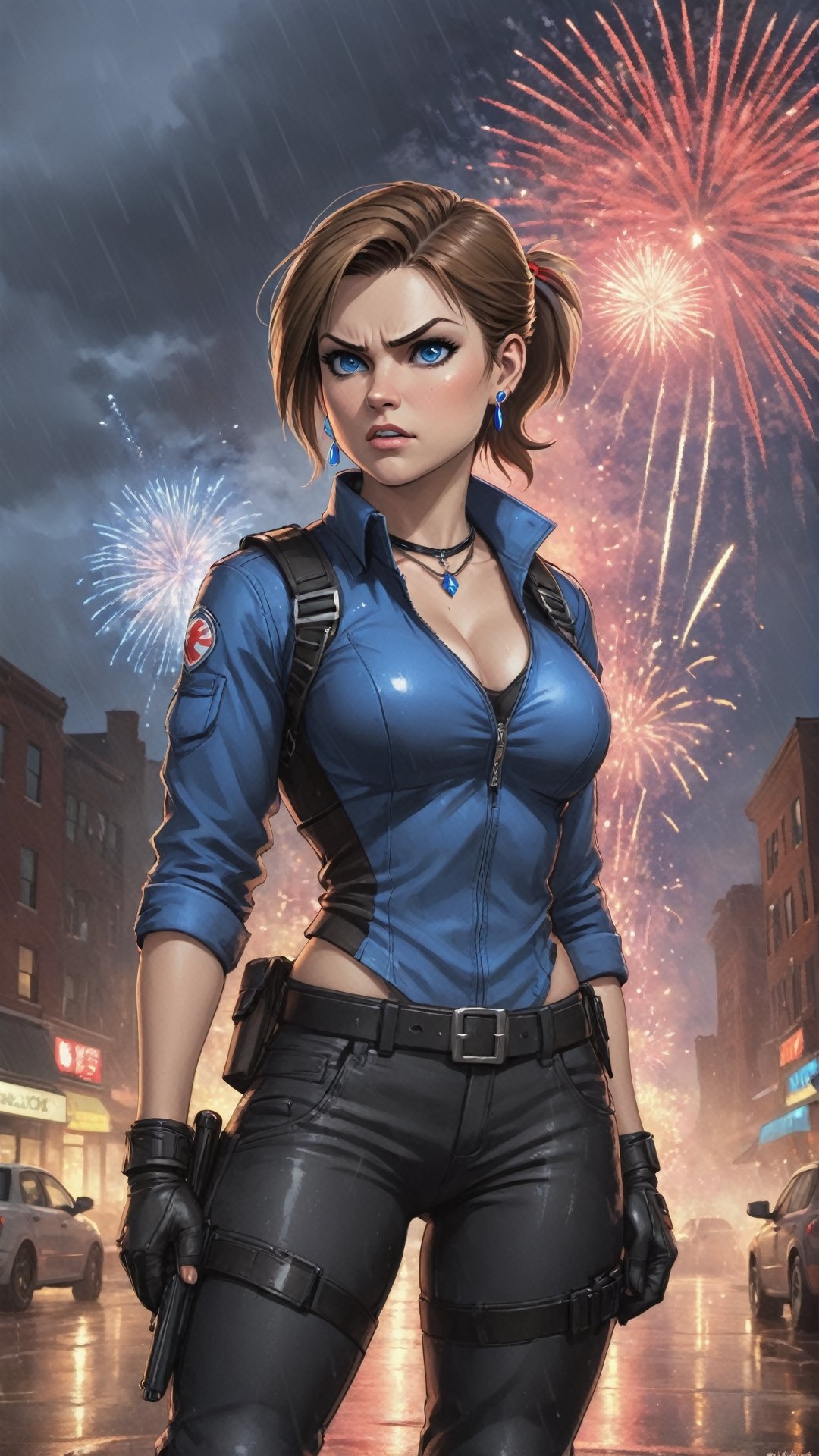 Sketchbook Style, Sketch book, hand drawn, realistic sketch, Rough sketch, Full Body, Angry Expression, Jill Valentine, Black Pants, ALICE Chest Rig, Thigh Holster, Small Cross Necklace, Short Red Ponytail, Bright Blue Mechanical Eyes Glow, Earrings, Watch on Right Wrist, Gloves, Adult, Female, Day Time, Fall, Toronto, Rain, Fireworks,