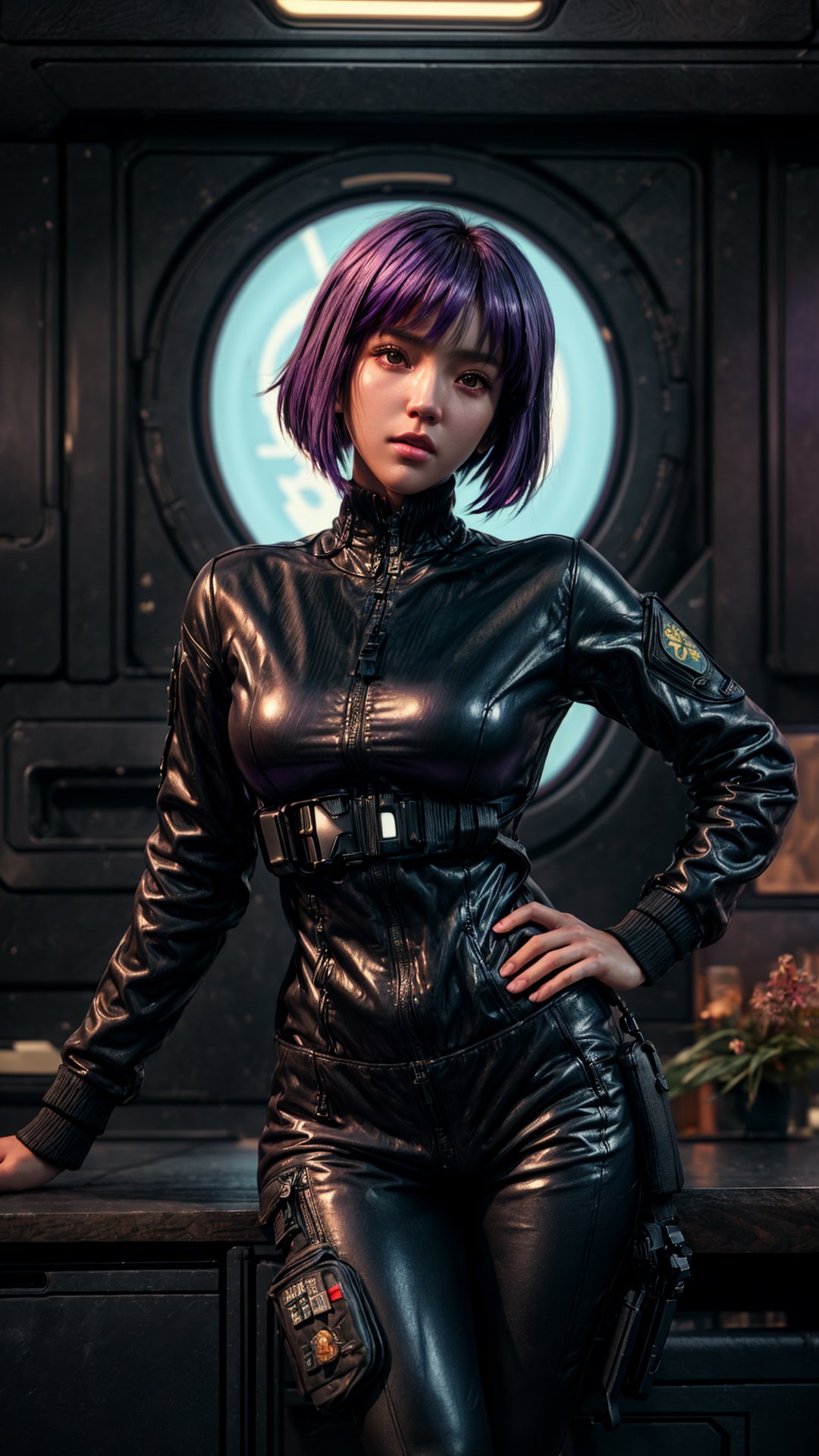 (high Portrait by Motoko Kusanagi as Jessica Alba.Sporty woman with short purple hair. She is dressed in a (big)) future s...