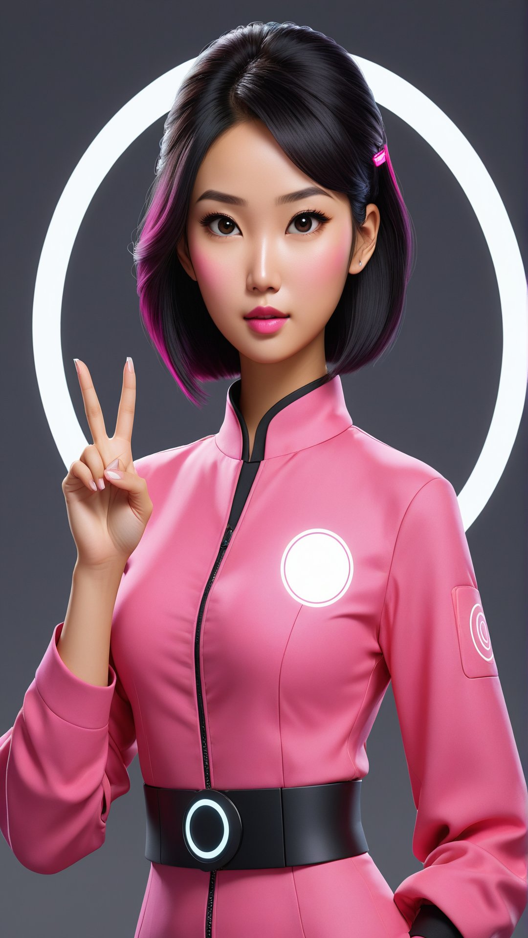 Generate an Asian AI avatar with her hold up her left hand with her index finger pointing to a white circle just above her pointed index finger. The clothes she wear should be futuristic with fuschia pink, white and black colors. Make sure the face is same in all pictures 