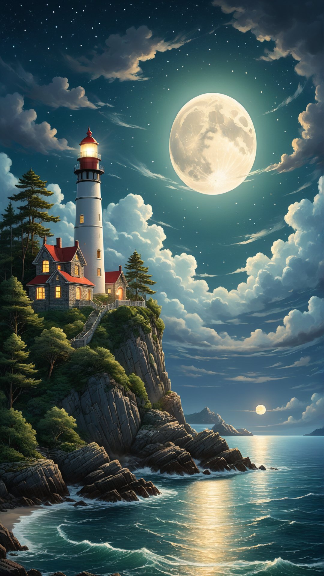 A captivating night scene illustration featuring an ancient lighthouse standing tall on a rocky island. The lighthouse, adorned with multiple windows, emits a warm glow, highlighting its intricate architecture and rich history. The rocky island is covered in lush green trees, reflecting on the calm, moonlit sea waters that mirror the silvery moonlight. The full moon graces the sky, casting an ethereal glow on the clouds and sea, while wispy clouds partially obscure its brilliance, adding to the scene's mystique. Twinkling stars dot the sky, creating a celestial tapestry that harmonizes with the moon's radiance. This enchanting artwork captures a serene and peaceful night, where the illuminated lighthouse stands resolute amidst the celestial beauty, creating a cinematic experience., illustration, cinematic