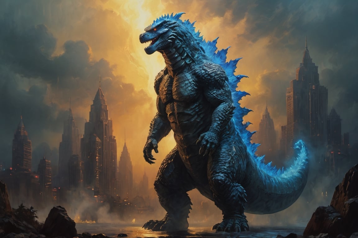 wide angle shot , A Godzilla with blue scales standing far away,movie still, cinematic warm color lighting,oil painting,GLOWING