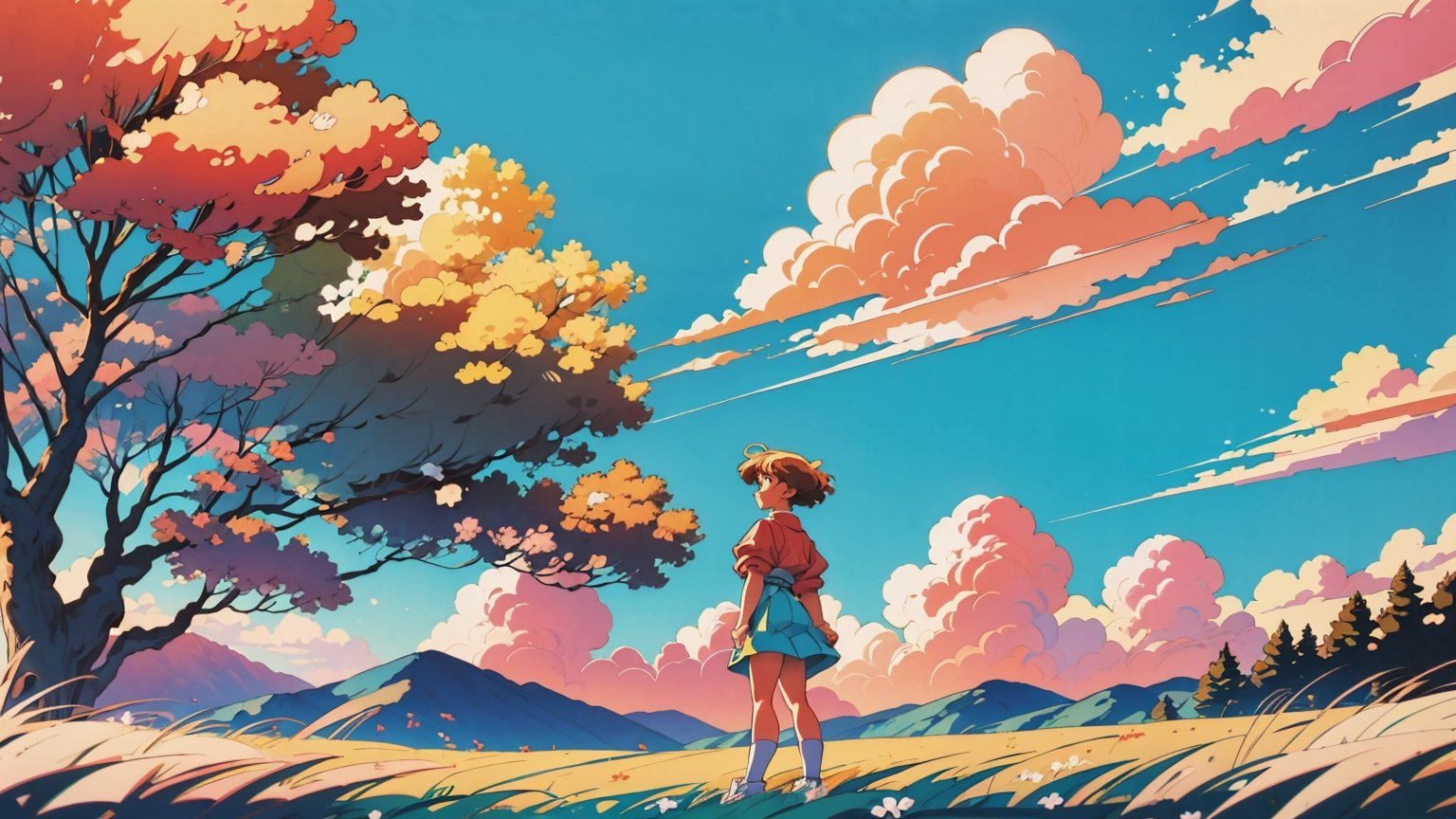 1990s anime style , retro , old look , grainy , a mature female with short hair , standing far away , beautiful forrest landscape , abstract clouds , warm color tone,Retro