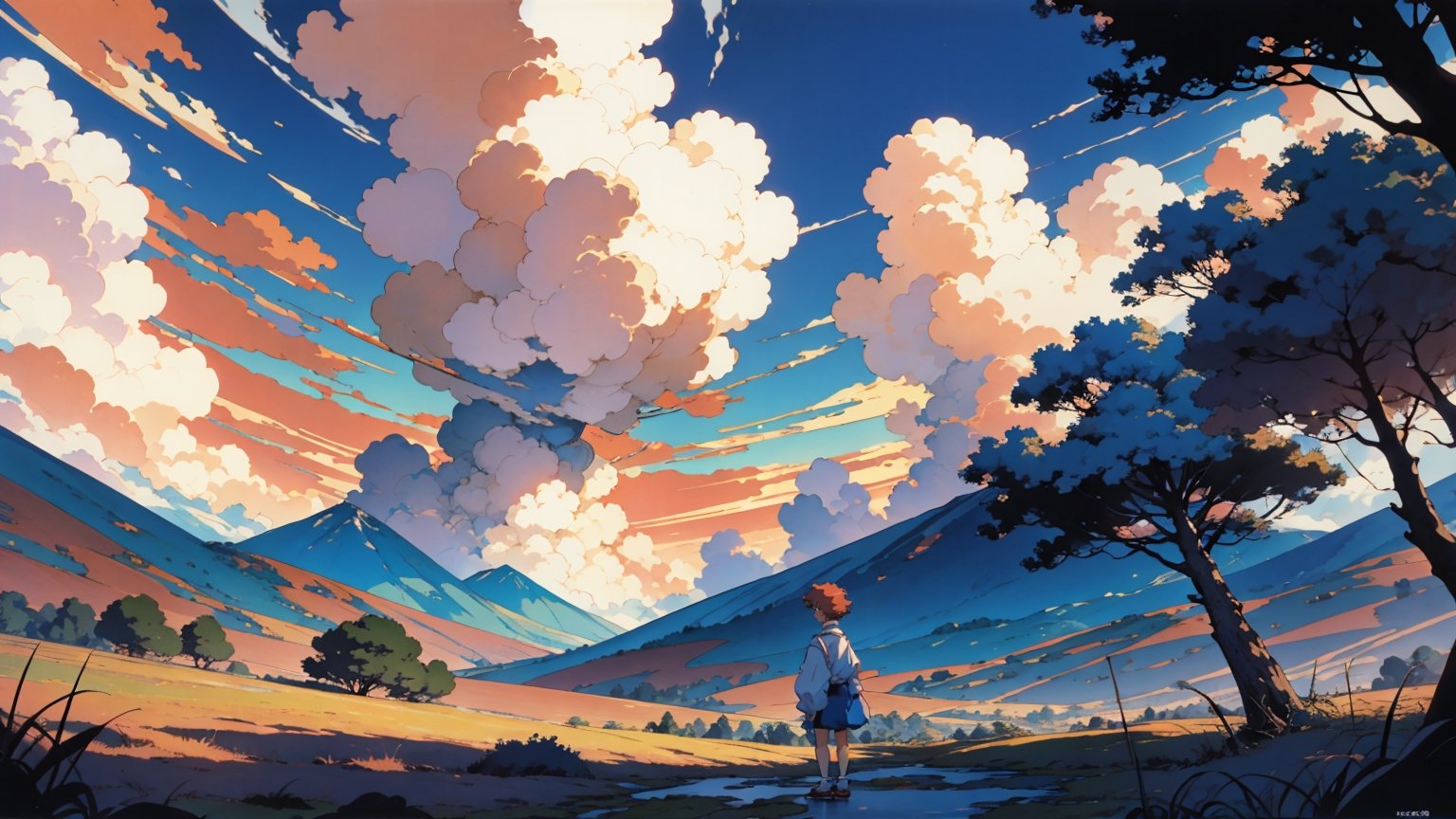 1990s anime style , retro , old look , grainy , a mature female with short hair , standing far away , beautiful forrest landscape , abstract clouds , warm color tone,Retro