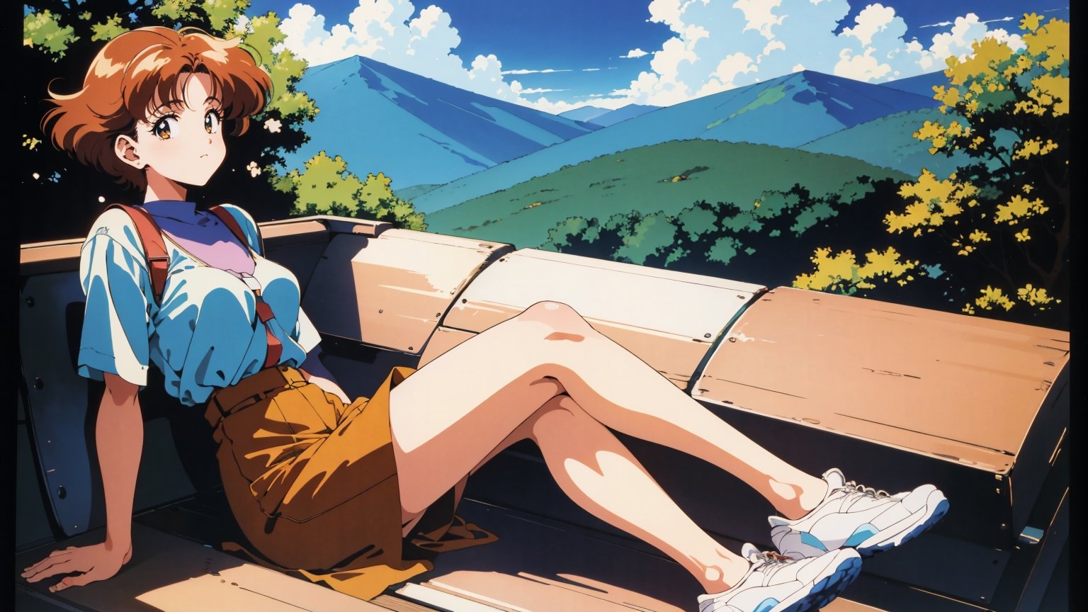 1990s anime style , retro , old look , grainy , a mature female with short hair , sitting , beautiful forrest landscape , abstract clouds , warm color tone,Retro