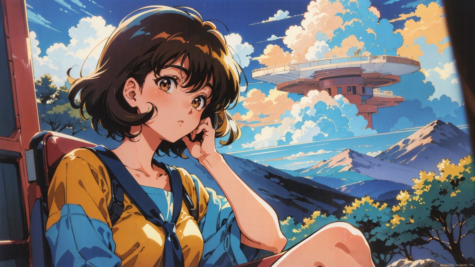 1990s anime style , retro , old look , grainy , a mature female with short hair , sitting , beautiful forrest landscape , abstract clouds , warm color tone,Retro