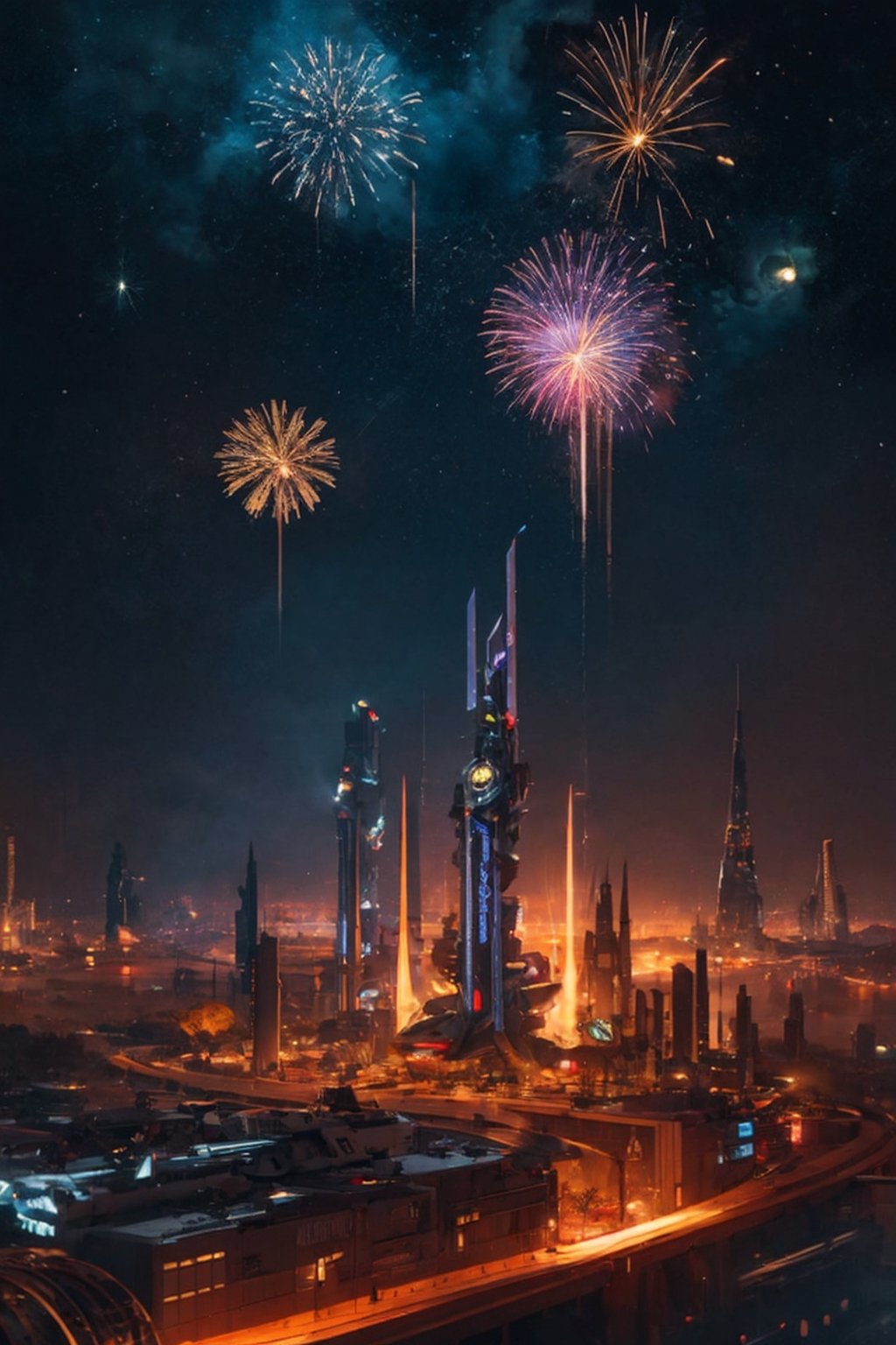 Fire works show in a futuristic city scape, planets, sci-fi, new years celebration, nebulae, galaxy, space port, futureistic cyber punk scene