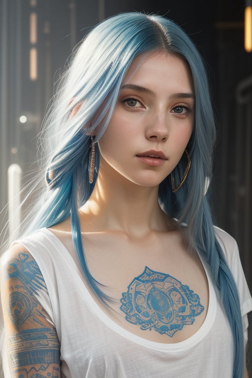 Cover, painting of a girl with long blue hair in a seethrough white t-shirt on one side of a tattooed cyberpunk space with details, luminism, strip lighting, complex, head and shoulders portrait, 4k concept art portrait by Greg Rutkowski, artgram, WLOP, Alphonse Mucha