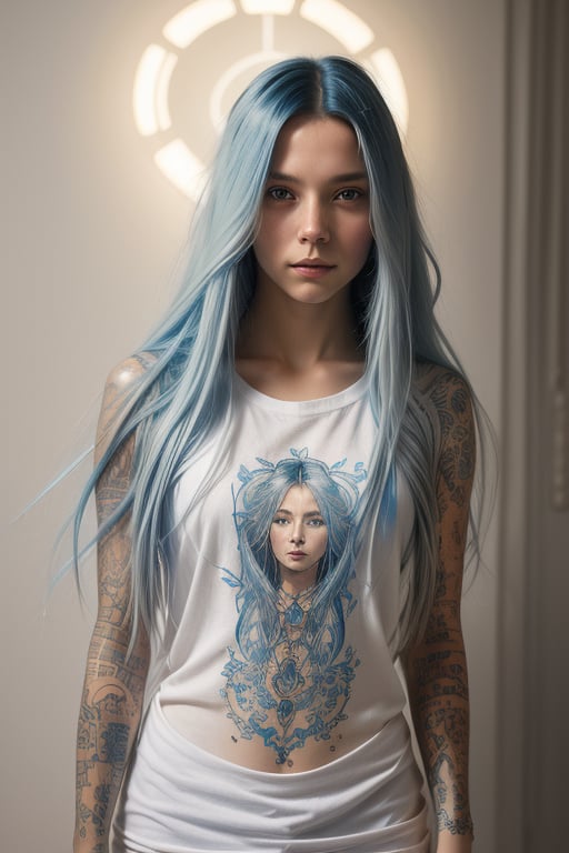 Cover, painting of a girl with long blue hair in a white t-shirt on one side of a tattooed cyberpunk space with details, luminism, strip lighting, complex, head and shoulders portrait, 4k concept art portrait by Greg Rutkowski, artgram, WLOP, Alphonse Mucha