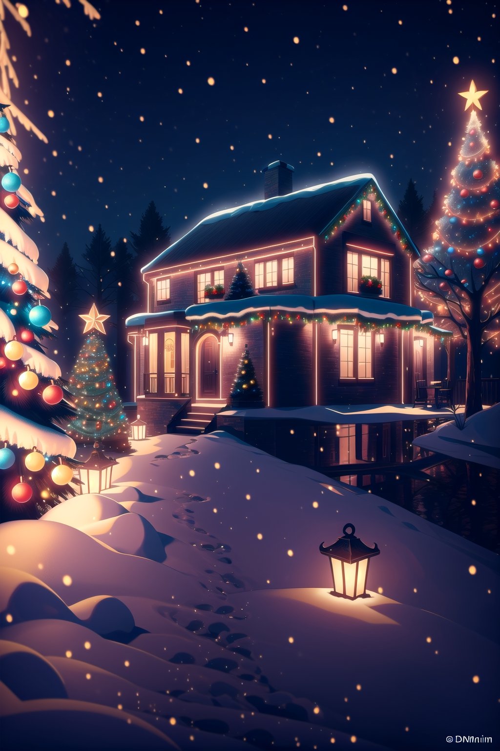 (masterpieces:1, best quality, high quality), one house,Detailedface,High detaile,gazelle, snow, outdoor, christmas trees, Christmas design, Christmas background, street town, night, starry_night, ultra details, ,DonMN30nChr1stGh0sts,cinematic