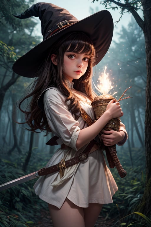 Best Quality, Witch, Girl, Forest, Hat, Starry Sky, Glowing aura around the Girl, Tunic Mini Skirt, White Clothes, Gems, Carrying Sword, 2K Quality