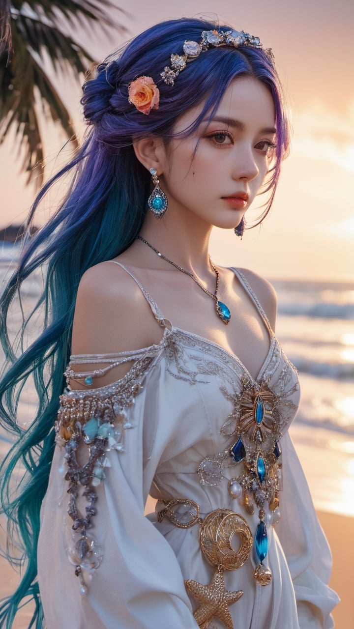 (masterpiece, top quality, best quality, official art, beautiful and aesthetic:1.2), (1girl), extreme detailed,colorful hair,highest detailed, detailed_eyes, light_particles, jewelry,beach,




