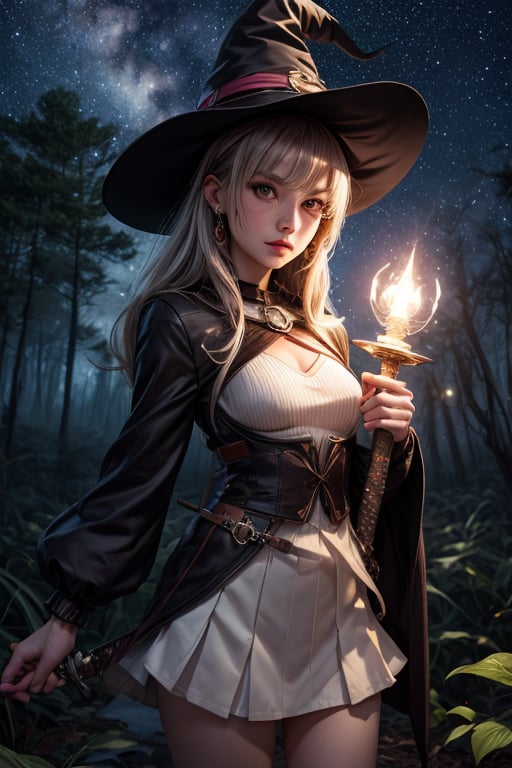 Best Quality, Witch, Girl, Forest, Hat, Starry Sky, Glowing aura around the Girl, Tunic Mini Skirt, White Clothes, Gems, Carrying Sword, 2K Quality