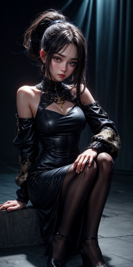 best quality, detailed face, full body, full scene, the girl she sits alone in the dark, only her face illuminated by the blue light. she is fully dressed in a black dress with gold details. she has long black hair in ponytail style. her eyes are sparkling blue. her face looks innocent. She is cute and beautiful. 
symmetrical, vibrant, style artwork, highly detailed CG, 8k wallpaper, beautiful face, full scene
