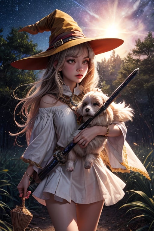 Best Quality, Witch, Girl, Forest, Starry Sky, Glowing aura around the Girl, Tunic Mini Skirt, lhasa apso, White Clothes, Gems, Carrying Sword, 2K Quality