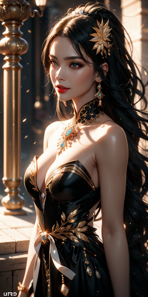 A Ultra realistic, a stunningly waist high Portrait of an exotic beautiful women of the western region of China woman, wearing style Japan royal costs , perfect detailed face, natural face, extremely beautiful, natural pink and white face, red lips , smiling ,detailed symmetric hazel eyes with circular iris, HYPER realistic, black and gold diamond jewelry, detailed splendid apocalypse wallpapers, gentle sunlight,  stunning realistic photograph, 3d render, octane render, intricately detailed, cinematic, trending on artstation , Isometric, Centered hyper ealistic cover photo, awesome full color, hand drawn, dark, gritty, mucha, klimt , erte 128k, high definition, cinematic, neoprene, be chance contest winner, portrait featured on unsplash, stylized digital art, smooth, ultra high definition ,The most modern camera today fujifilm gfx 100s, 84k, unreal engine 5, ultra sharp focus, intricate artwork masterpiece, ominous, epic, trending on artstation, by artgerm, giger and beksinski, highly detailed, vibrant, best quality, perfect detailed, ultra sharp focus,