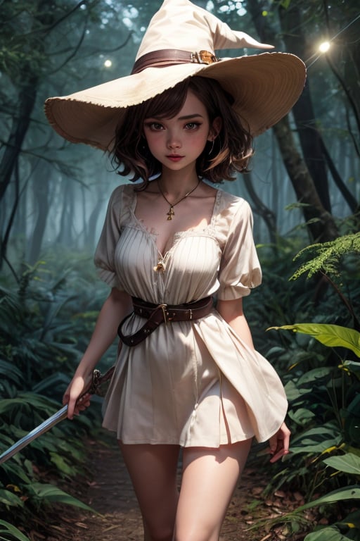 Best Quality, Witch, Girl, Forest, Hat, Starry Sky, Glowing aura around the Girl, Tunic Mini Skirt, White Clothes, Gems, Carrying Sword, 2K Quality