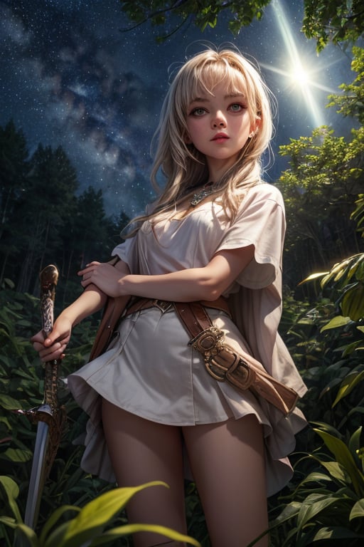 Best Quality, Witch, Girl, Forest, Starry Sky, Glowing aura around the Girl, Tunic Mini Skirt, lhasa apso, White Clothes, Gems, Carrying Sword, 2K Quality