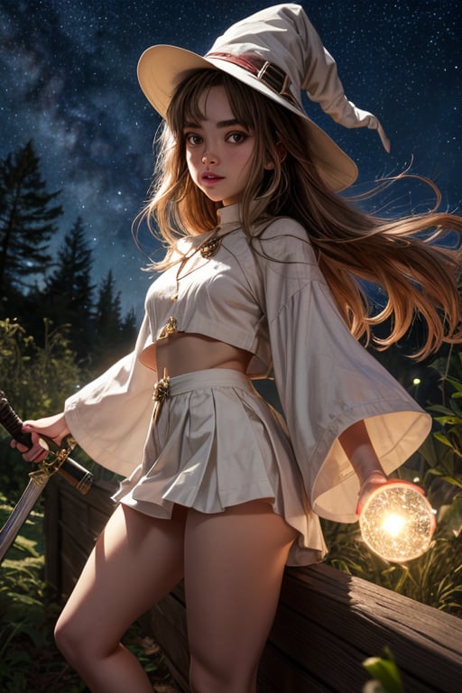 Best Quality, Witch, Girl, Forest, Starry Sky, Glowing aura around the Girl, Tunic Mini Skirt, lhasa apso, White Clothes, Gems, Carrying Sword, 2K Quality