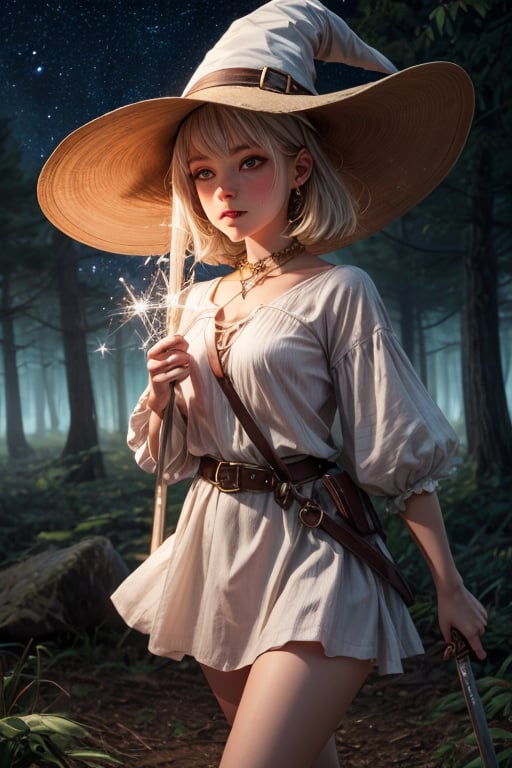 Best Quality, Witch, Girl, Forest, Hat, Starry Sky, Glowing aura around the Girl, Tunic Mini Skirt, White Clothes, Gems, Carrying Sword, 2K Quality