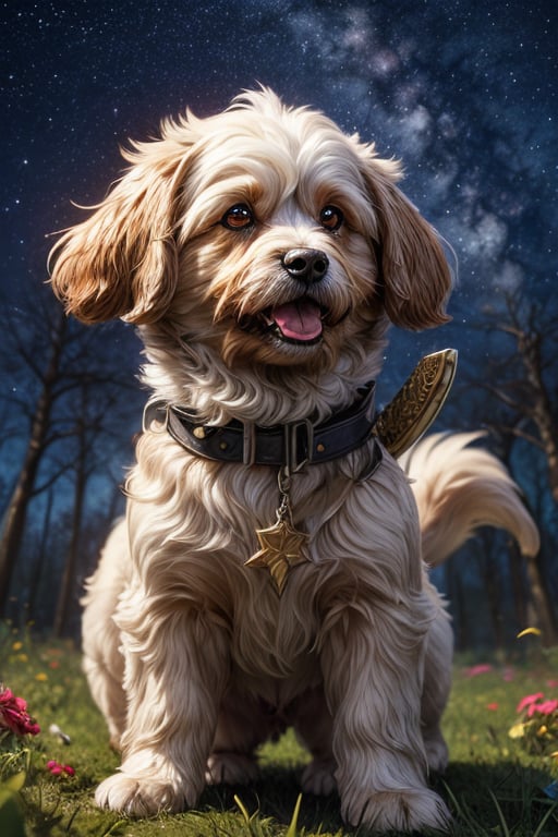 Best Quality, Maiden, Forest, Starry Sky, Dreamy, Two-dimensional, Dog Leading, Lhasa Apso, White Clothes, Gems, Carrying a Sword, 2K Quality