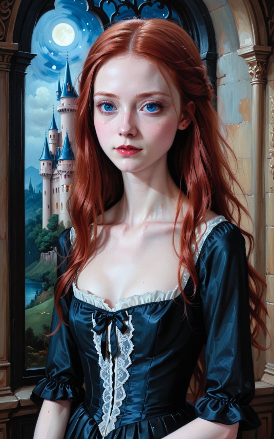 score_9, score_8_up, score_7_up, score_6_up, Portrait, oil painting, long red hair, blue eyes, pale skin, sad smile, 20 year old skinny princess vampire wearing a 1830s dress in black, innocent and beautiful, inside a dark ornate castle, night, painted by Hsiao Ron Cheng, brush strokes,realistic,real skin,oil paint,Envy Starlight Beauty