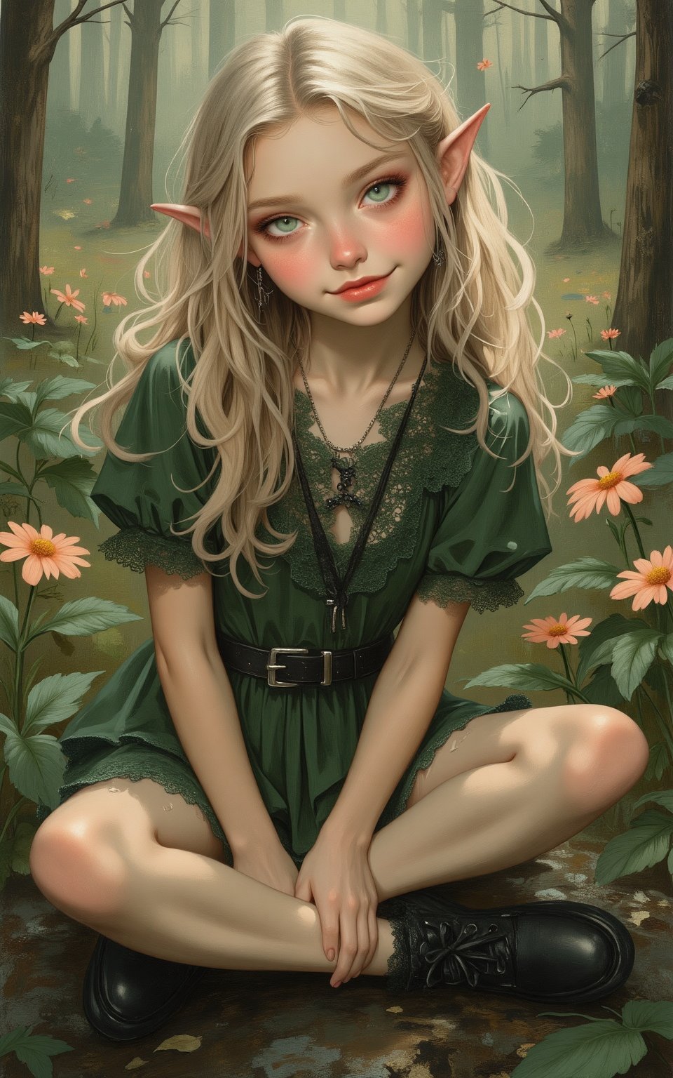 body portrait of an 18-year-old elven woman with a radiant,  big genuine smile that brightens her face. She has long,  lig...