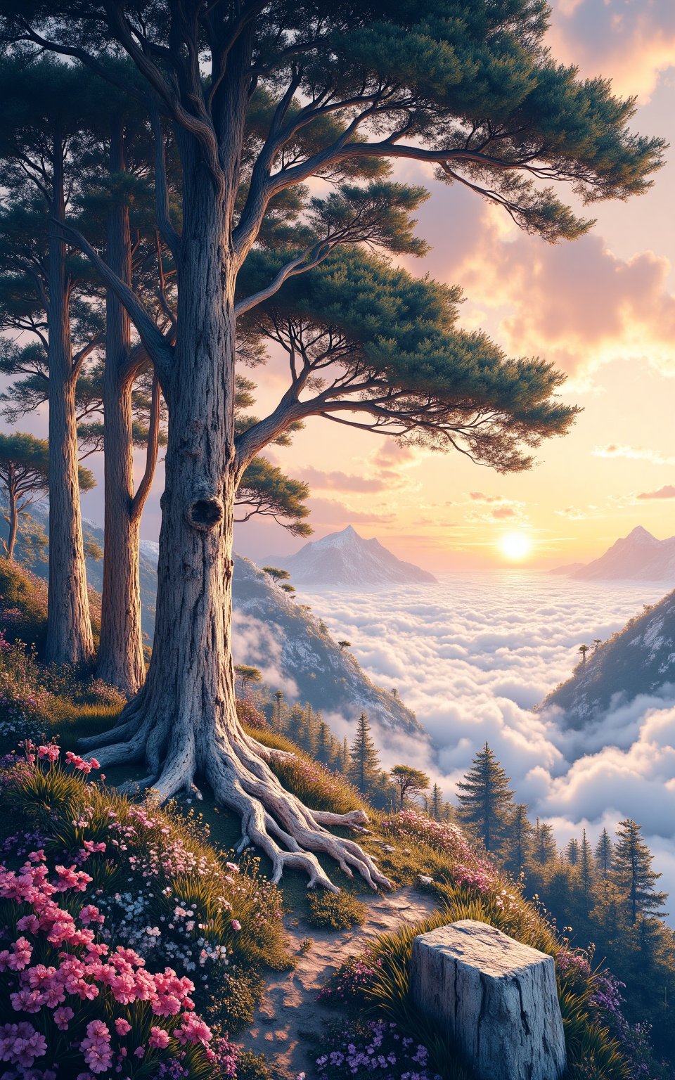 a grove of ancient trees standing together in silence,  a tree surrounded by flowers,  a realistic forest by Jozz on Tenso...