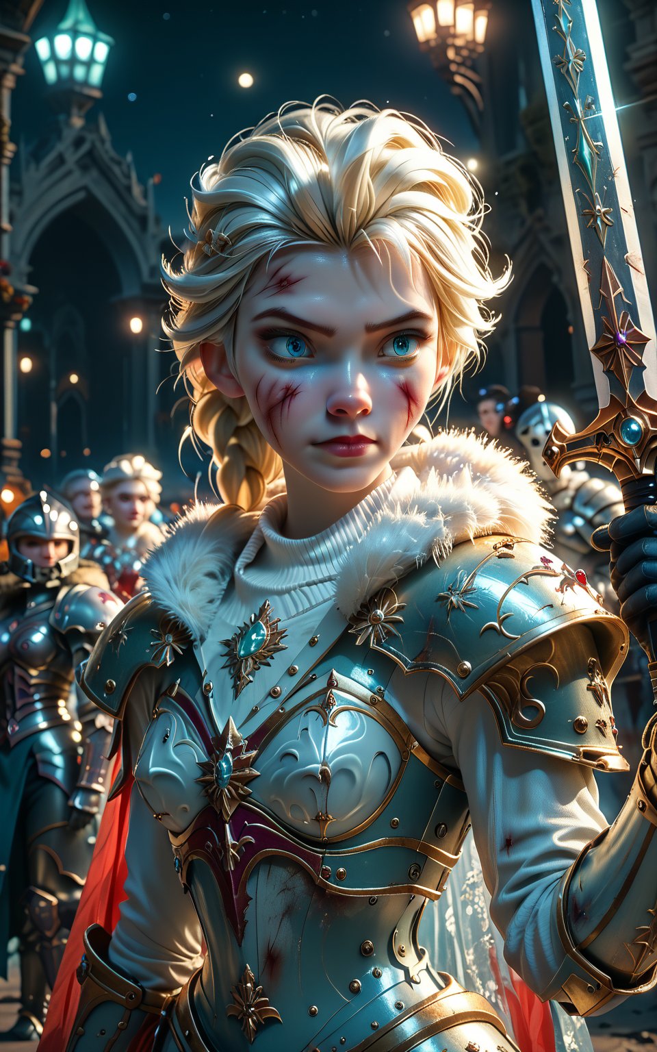 Prompt: [score_9, score_8_up, score_7_up], solo Elsa Frozen wearing armor, body shot, Sisters of Battle, light blue armor, dents in armor, worn out armor, scratches on armor, fur collar, bulky ornate armor, large ornate pauldrons, battle-worn armor, dents in armor, worn out armor, scratches on armor, gold trim, scarred face, white hair, braid, visual style: scene from a movie, depth of field, detailed, intricate, masterpiece, nighttime, darkness, space marine, holding power sword,Knight armor,single braid,SpaceMarine,ElsaXPL