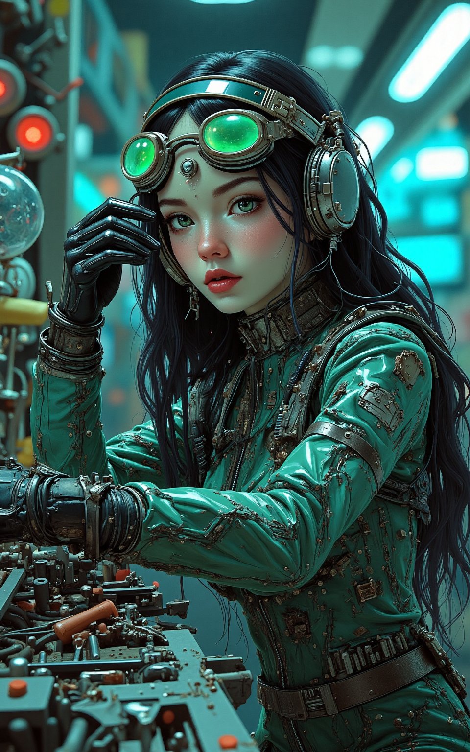 1girl, cyborg, 18 years old, beautiful, Perfect face, surrounded by technology, working on fixing her arm, open circuitry, sitting in a robot repair workshop, a beautiful girl, long black hair, green eyes, pouty lips, wearing a spacesuit, wearing goggles on her forehead, wiping her brow with her hand, space mechanic, mechanic, lots of wires and technology, repairing a robot, looking at viewer, neon lights, dynamic angle, dynamic lighting, very high contrast,cutegirlmix,Mecha