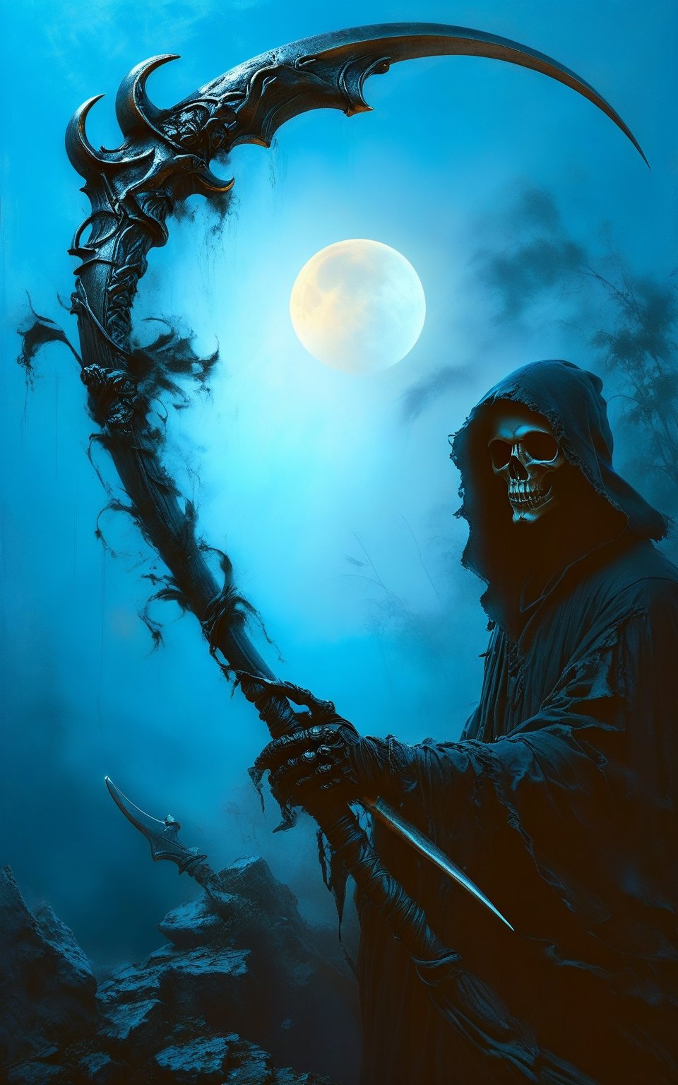 (masterpiece, best quality, hyper detailed, ultra realistic, 32k, RAW photo) (the grim reaper staring up:1.2), (blue gradient color scheme), holding scythe, realistic, perfect composition and chiaroscuro by Rembrandt, concept art, by Jarek Kubicki, (moon background)
,Expressiveh,concept art,dark theme